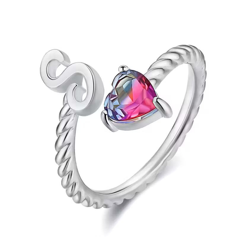 Rosaro Initial Letter Ring with Pink Gem Stone