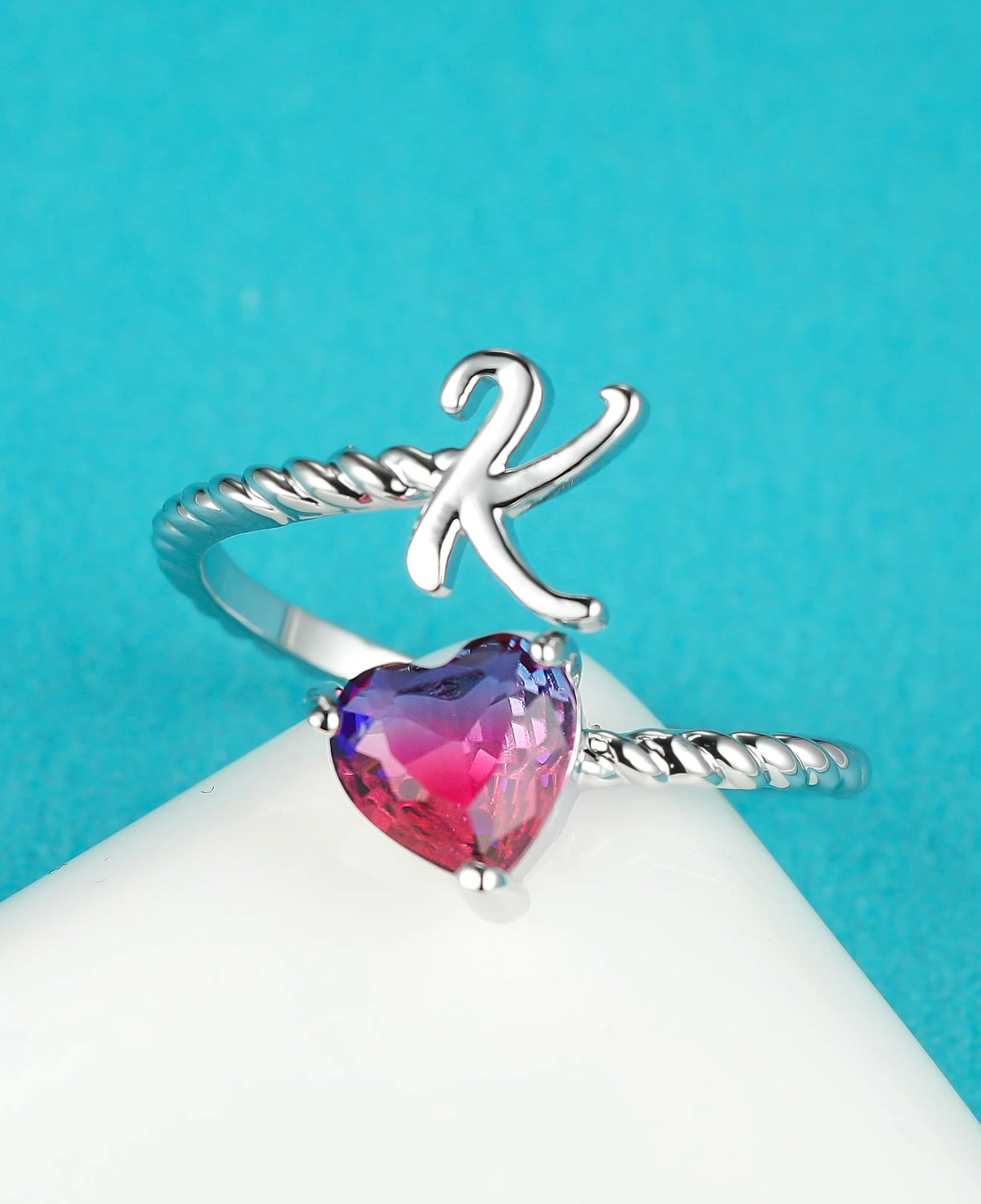 Rosaro Initial Letter Ring with Pink Gem Stone