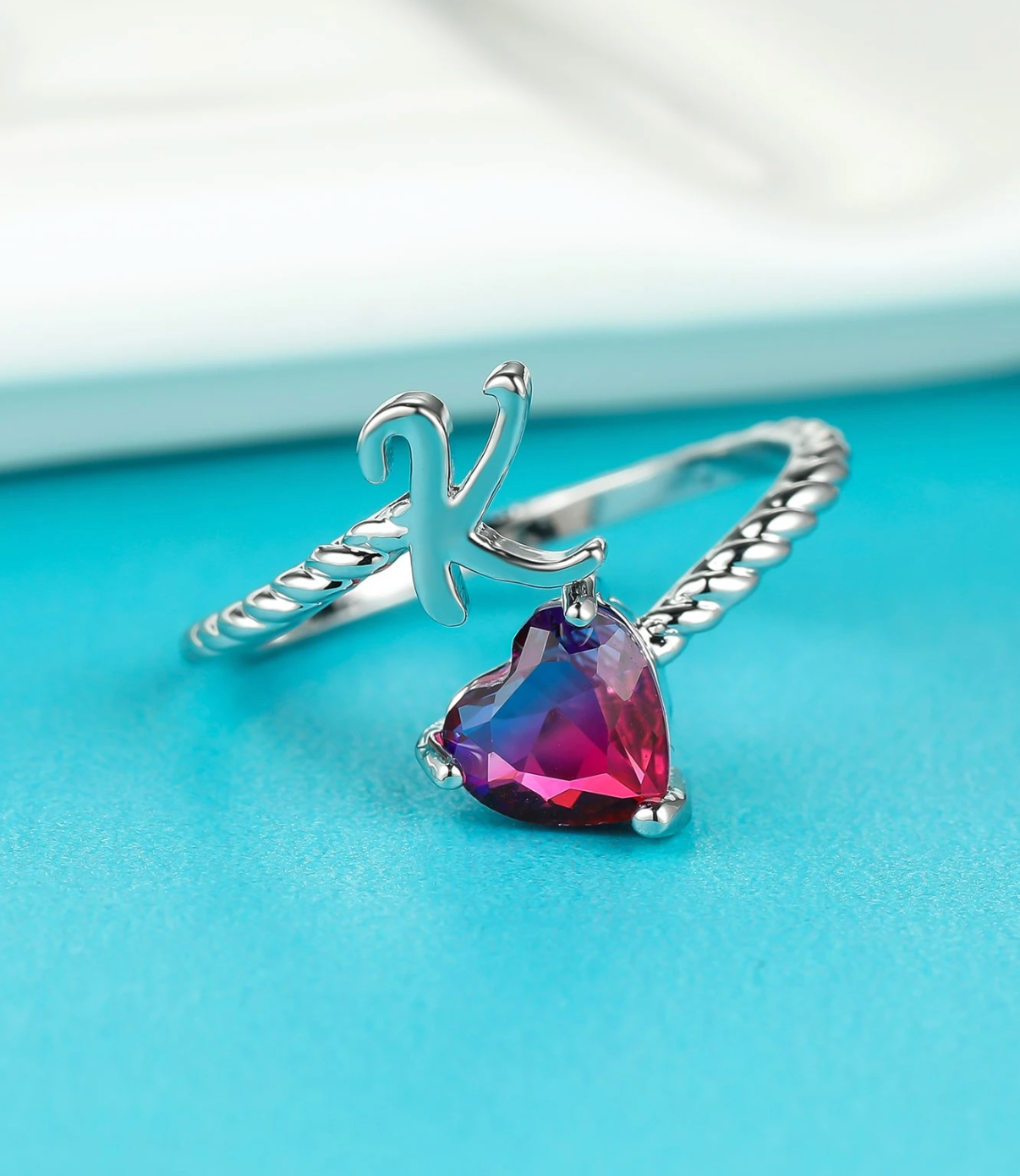 Rosaro Initial Letter Ring with Pink Gem Stone