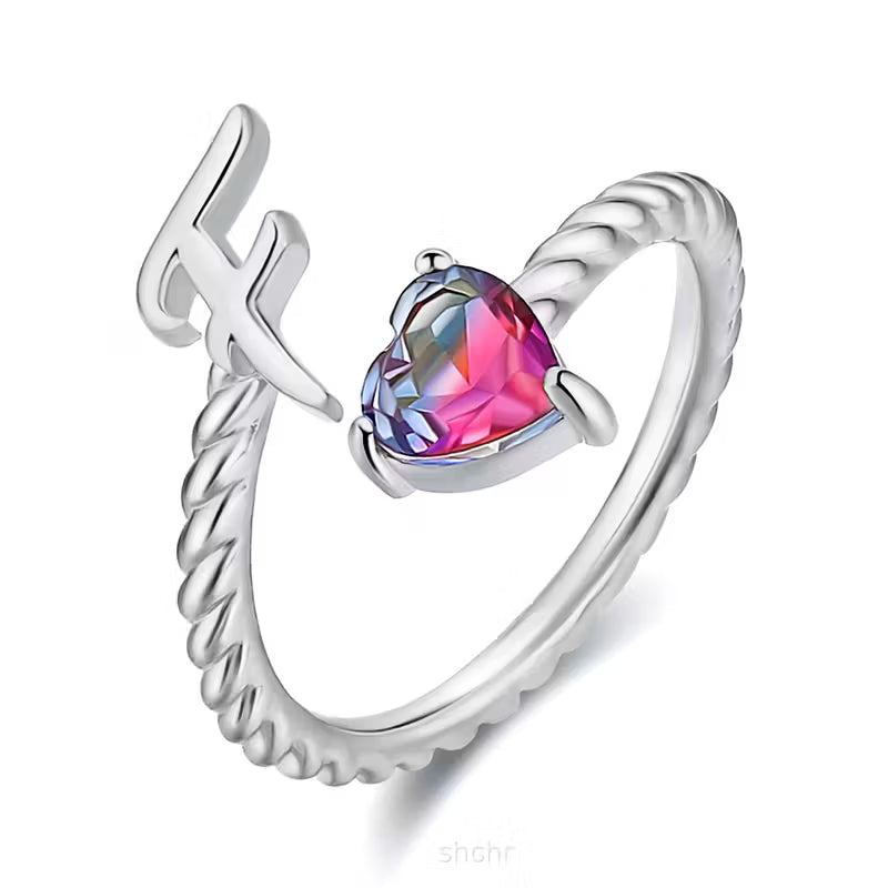 Rosaro Initial Letter Ring with Pink Gem Stone